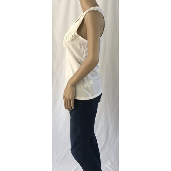 Topshop Top US 2 White Sleeveless Top Racer Back Fringe Neckline Scoop Neck - Picture 5 of 9